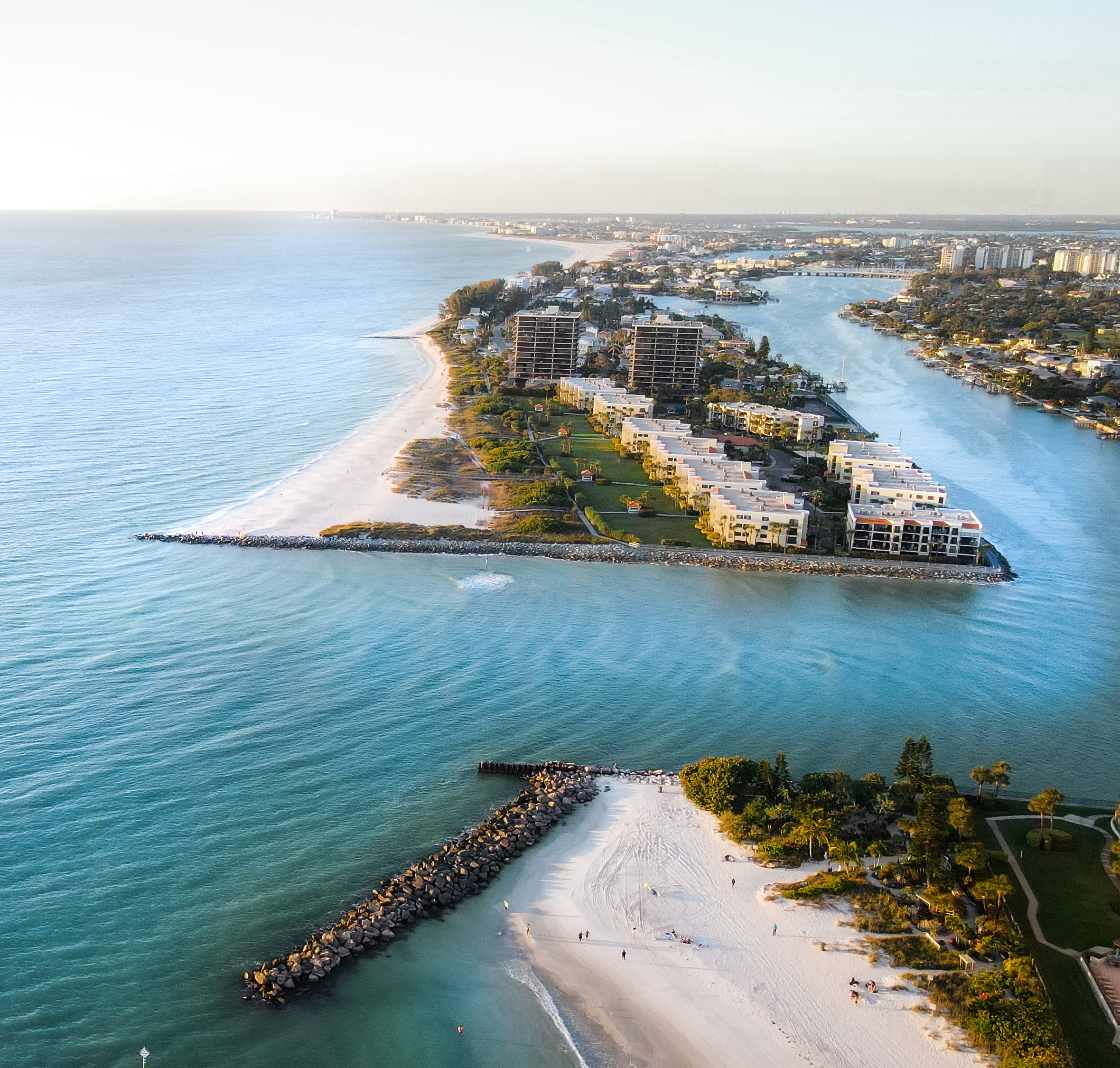 Aerial of a Pinellas coastline at golden hour