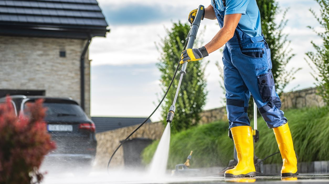 Pressure washing a driveway