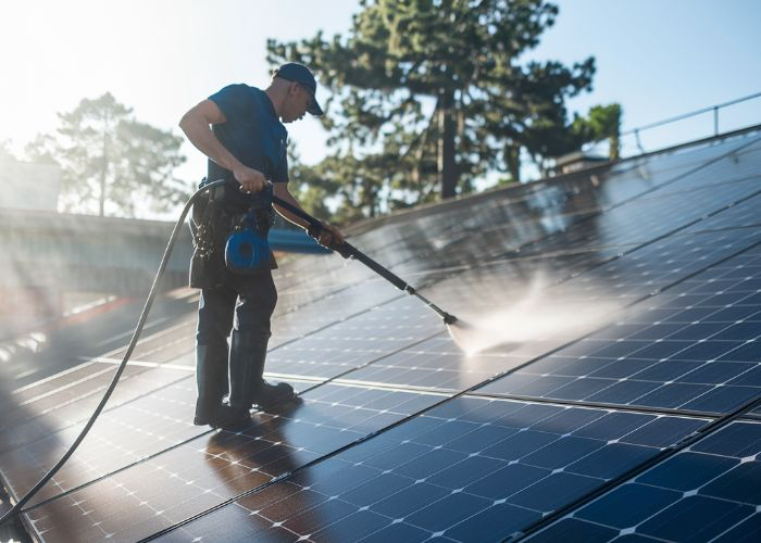 Solar panel cleaning in progress